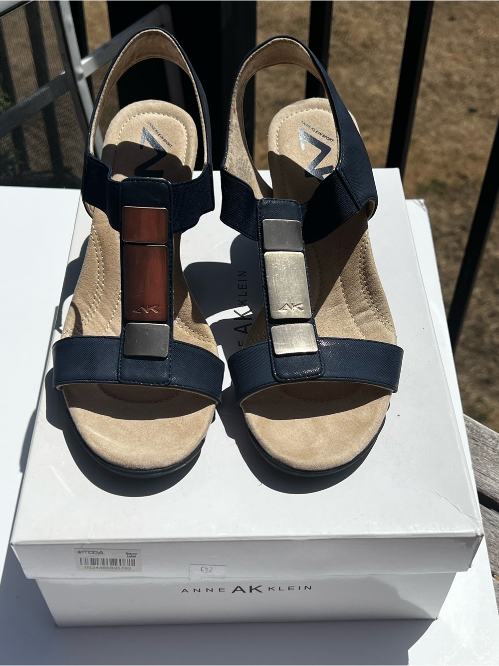 Anne Klein Navy Blue Open Toe leather Sandals Women's US 7.5 M. Worn Once